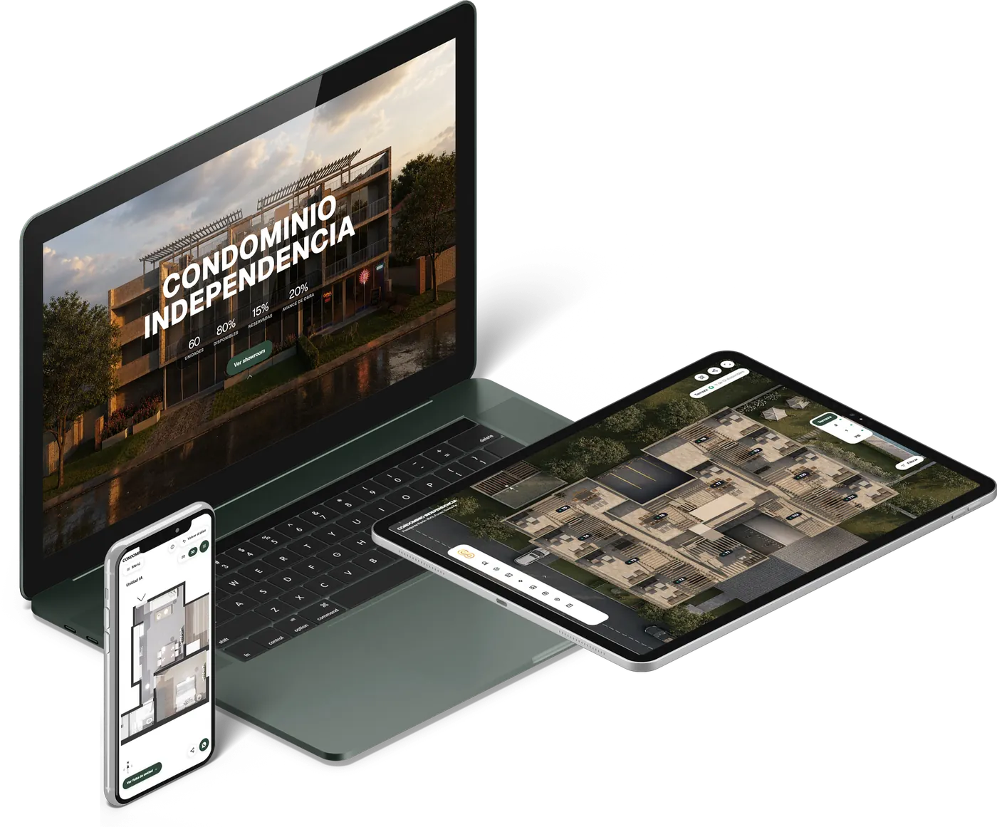 El mismo showroom abierto en una compu, una tablet y un telefono: la portada, la planta con las unidades y la ficha de una unidad
